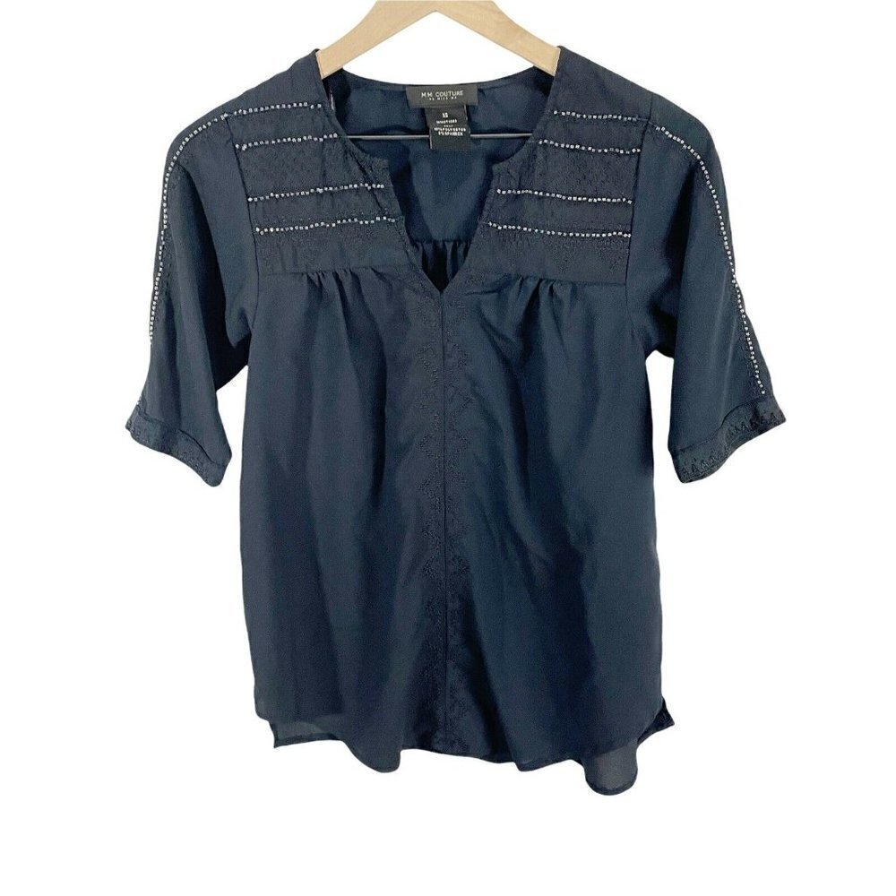 MM Couture By Miss Me Navyβ Blue Embellished Short Sleeved Blouse Sz XS